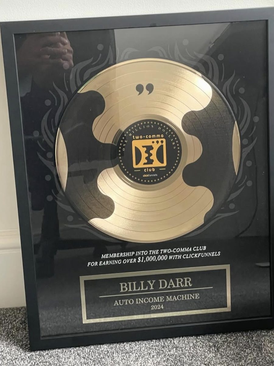 Billy Darr's ClickFunnels Two Comma Club plaque for earning over $1,000,000
